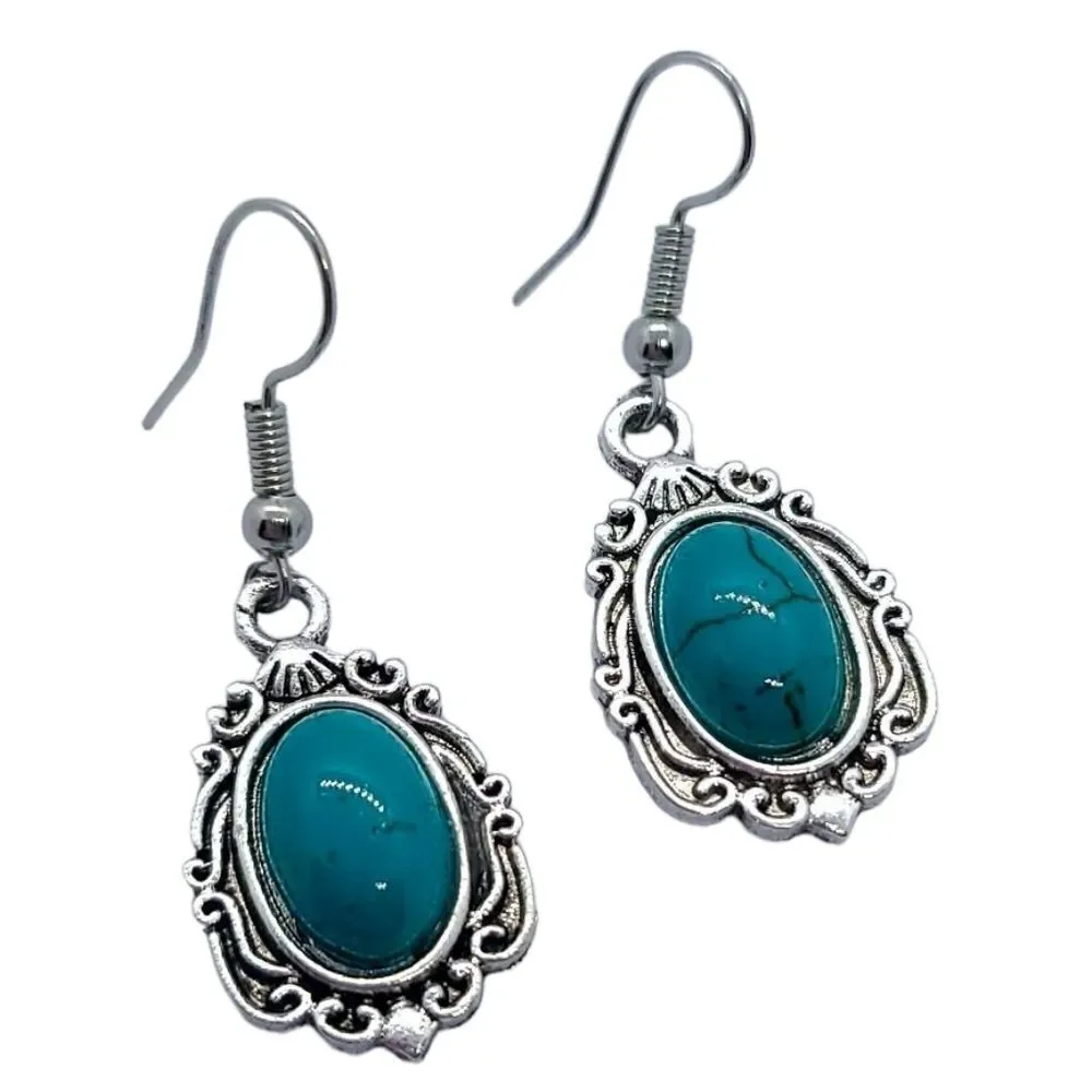 Western Turquoise Oval Beaded Silver Dangle Earrings Bohemian Tribal Jewelry